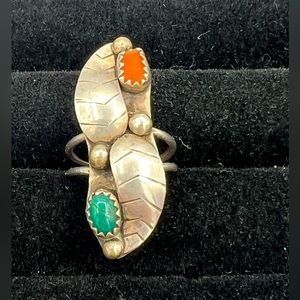 Sterling Turquoise and Coral Navajo Ring